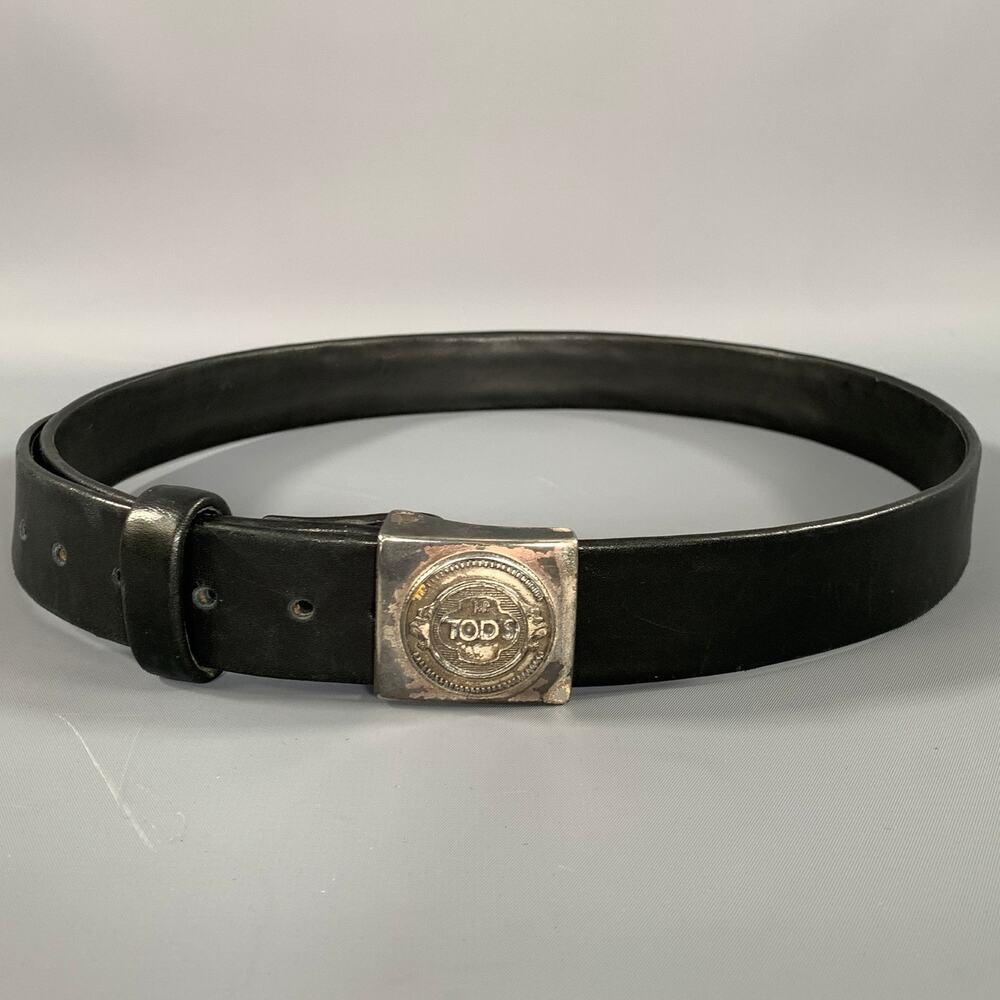 TOD'S Size 38 Black Silver Solid Leather Belt